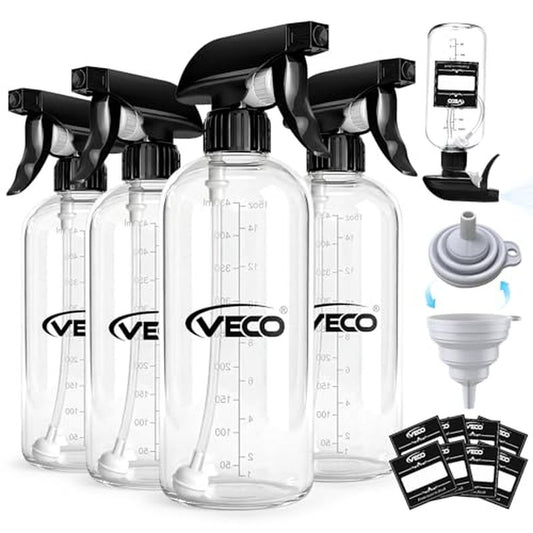 Veco 500mL (17oz) Graduated Spray Bottles, 4-Pack ? 360¡Æ Any-Angle Spraying for Easy Dilution, Leak-Resistant spray bottles for Cleaning, Plants, Hair & Pet Use + Foldable Funnel