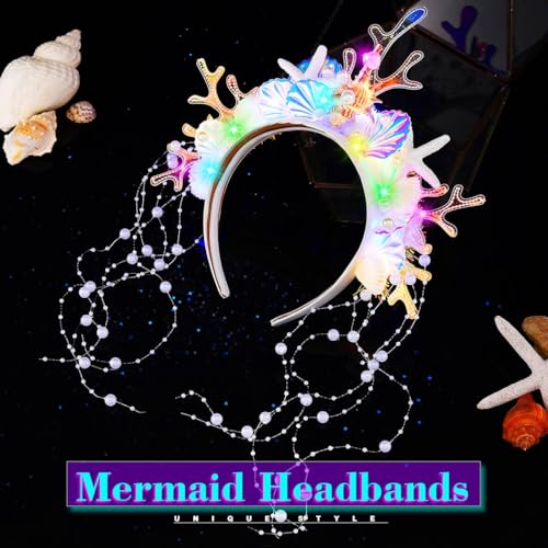 JEAIRTS LED Mermaid Seashell Headband with Starfish & Pearl Tassels