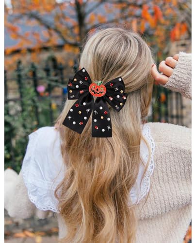 NVENF Halloween Large Black & Orange Hair Bows with Spooky Elements - Pattern O