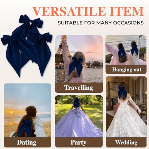Navy Blue Silk Hair Bows 3P with Barrette Clips - Oversized Long Tail Coquette Style