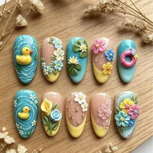 HJKDSFD Summer07 30Pcs Yellow French Tip Press-On Nails Medium Almond Glossy Fake Nails with Flowers