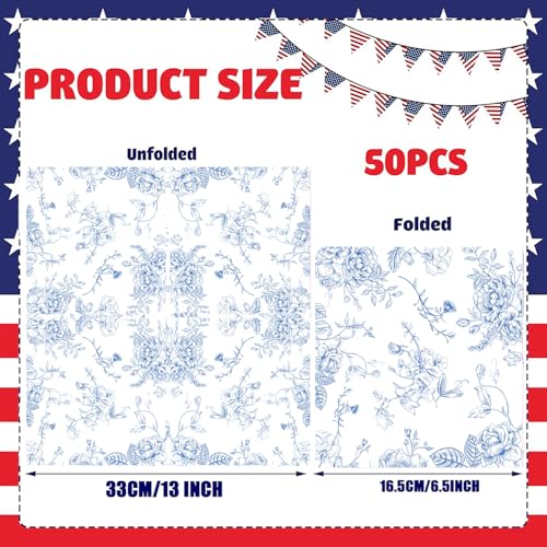 50 Pack Blue Floral Cocktail Napkins for Parties & Events