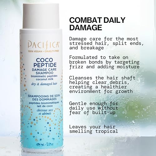 Pacifica Coco Peptide Damage Care Shampoo & Conditioner Set - 20 Fl Oz, Repair & Strengthen Damaged Hair, Vegan, Sulfate-Free