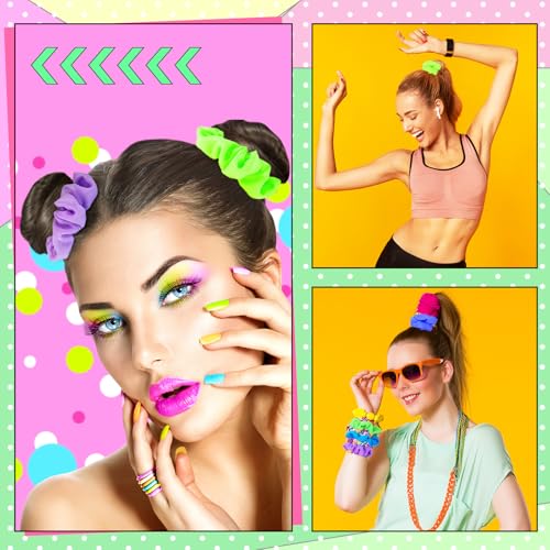 48 Pcs Neon Hair Scrunchies Bulk for Women - 80s Style Elastic Hair Accessories