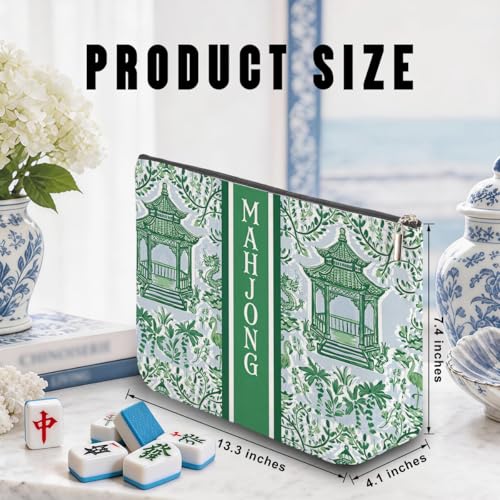 Multicolor Green Chinoiserie Mahjong Tile Bag with Makeup Storage - Blue Leaves