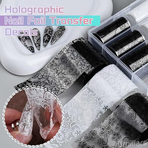Lace Nail Foil Stickers - 10 Rolls Black & White Holographic Designs