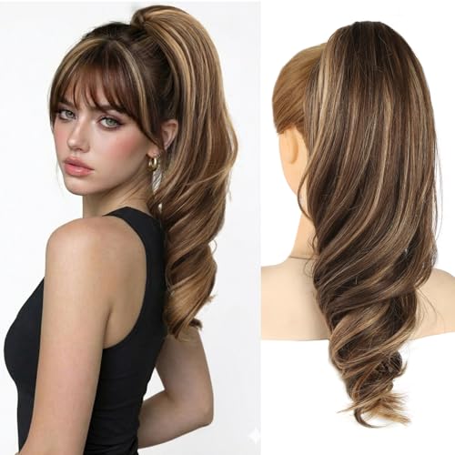 MaopaoBeauty 18-Inch Chocolate Brown with Honey Blonde Highlights Synthetic Clip-In Ponytail Extension for Women, Long Wavy Hairpiece
