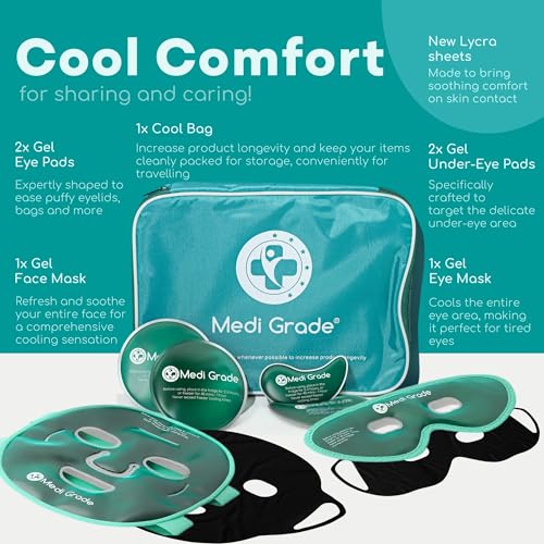 Medi Grade Cooling Ice Face Mask and Cooling Eye Mask for Puffy Eyes & Migraine Relief - Self Care Face Ice Pack with ChillGel Face Ice Mask Technology - Cooling Face Mask, Eye Pads and Bag