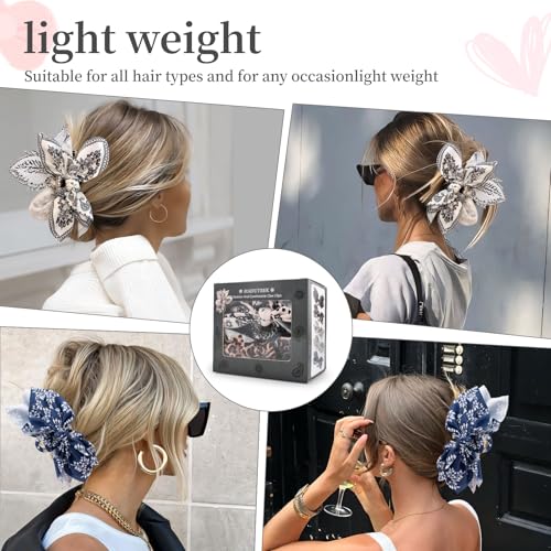 Hadutrek Bow Claw Clips 2PC White Paisley + Blue Floral – Satin Large Hair Clips for Women (Variation: 2PC-White Paisley+-Blue Floral)
