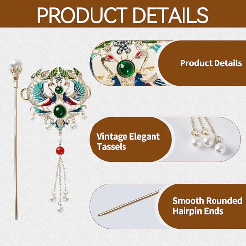 Elesokaxe Moon Phoenix Hair Sticks for Women - Green Chinese Hair Accessories