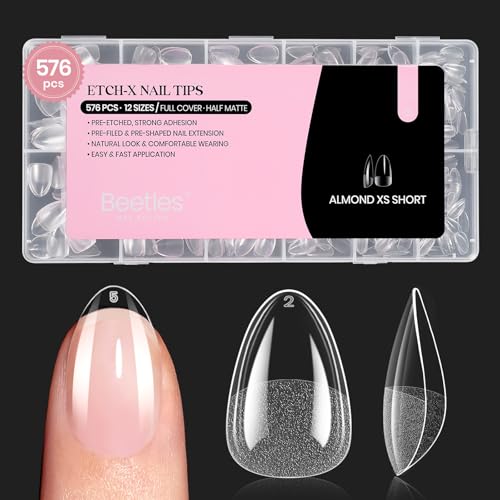 Beetles Extra Short Almond Fake Nail Tips - 576 Pcs Half Matte Set