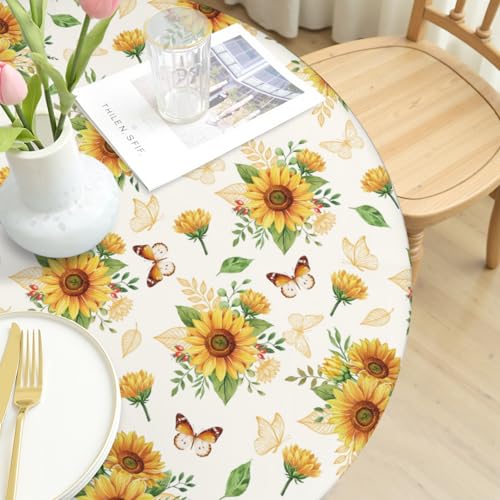 Sunflower Round Fitted Tablecloth - 40-44 Inch Elastic Edge Floral Cover
