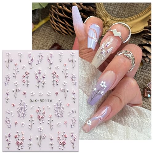 JMEOWIO 3D Floral Nail Art Stickers - Self-Adhesive Decals, 4 Sheets