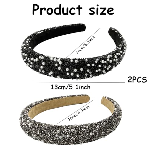 GIYAWA 2 Pieces Rhinestone & Pearl Headbands Black & Grey Wide Elegant Hair Accessories for Women