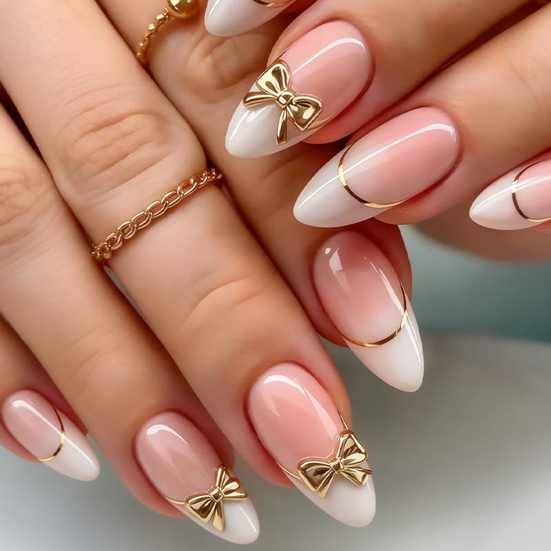 Press On Nails - Short Almond French Tip with Blue 3D Flowers | Glossy Acrylic Beach Designs for Women