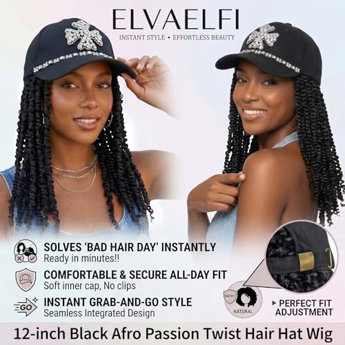ELVAELFI Passion Twist Crochet Hair Cap Wig - 12-Inch Afro Style with Rhinestone Cross Design