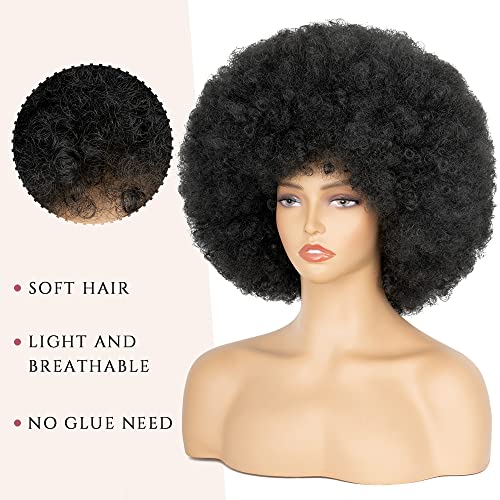 Aminow 70's Afro Wig for Women - Natural Black Short Kinky Curly with Bangs