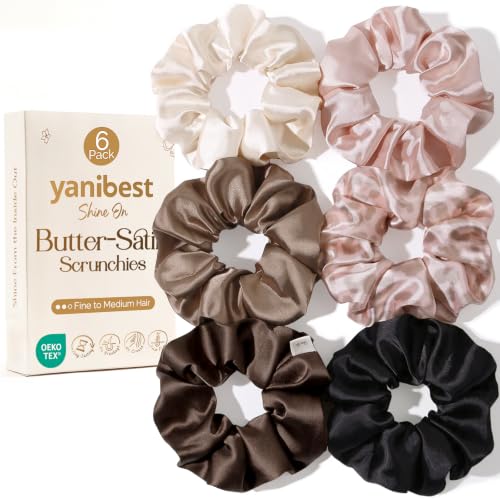 YANIBEST Classic Satin Scrunchies Set – 6 Assorted Hair Ties for Women & Girls