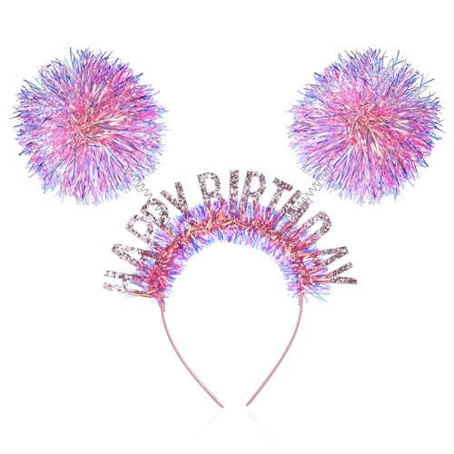 Adjustable Pink Birthday Crown Headband with Pom Poms