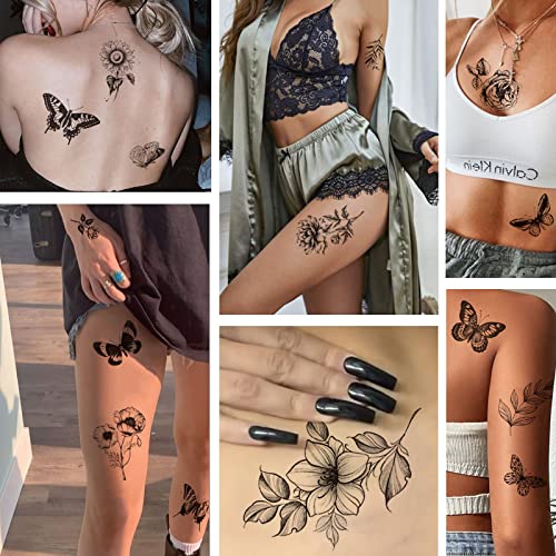 Tazimi Black Flower Butterfly Temporary Tattoos - 6 Sheets for Women & Girls