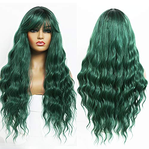 ANDRIA 26 Inch Ombre Green Wavy Wig with Bangs - Synthetic Heat Resistant Hair