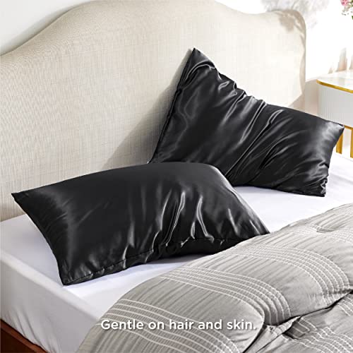 Bedsure Satin Pillowcase Set, 20x26 Inches, Black - Soft & Silky for Hair & Skin