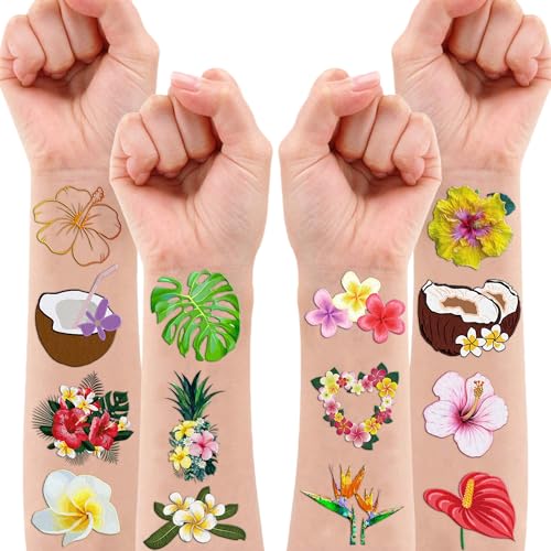60 PCS Tropical Flower Hawaiian Temporary Tattoos for Parties