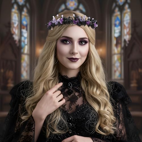 Black Fairy Flower Crown with Butterfly and Gothic Elf Design - KorViSHOW, Black Purple Variation