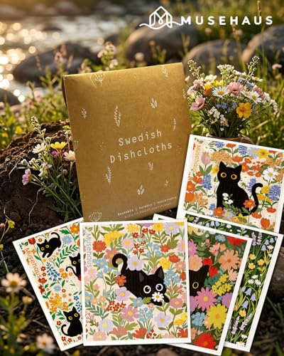 5 Pack Reusable Swedish Dishcloths - Cat in Flowers Design