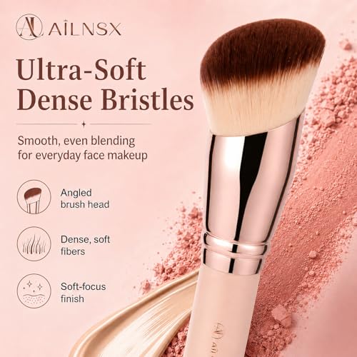 AILNSX Pink Angled Foundation Brush for Liquid, Cream & Powder Makeup - Dense Soft Bristles, Contour, Blush & Bronzer - F212
