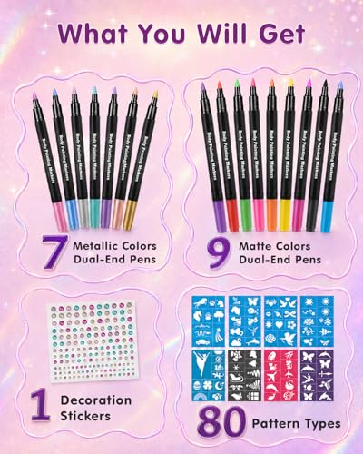 Lictin Multicolor 16PCS Temporary Tattoo Markers Skin & Paper Safe