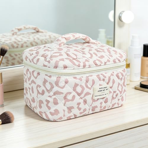 Pink Leopard Print Floral Quilted Makeup Bag for Travel