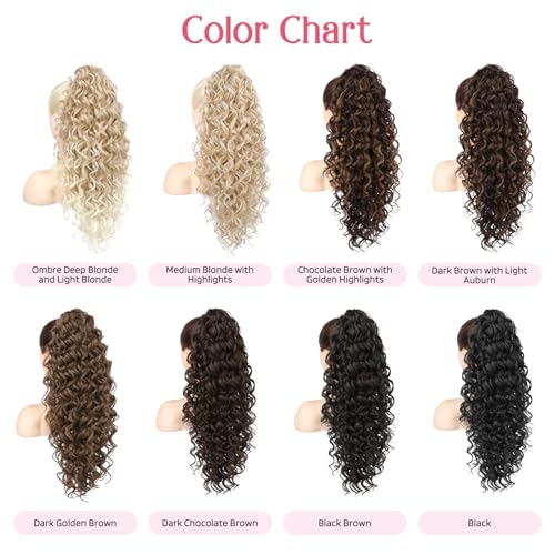 HOOJIH 24 Inch Curly Wavy Ponytail Extension for Women - Black Brown