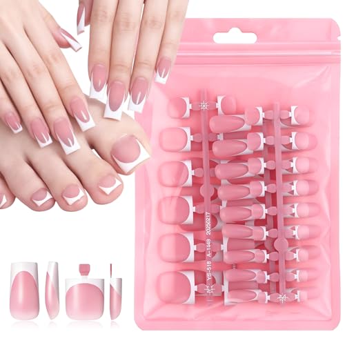60 Pcs Medium Square French Tip Press-On Nails - Tweruna