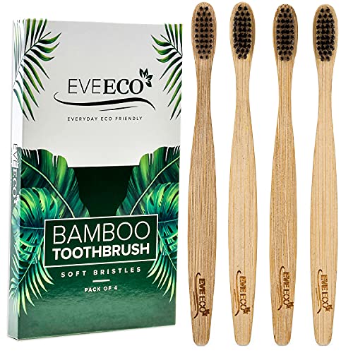 EveEco Bamboo Toothbrush - 4 Count, Soft Bristles, Charcoal