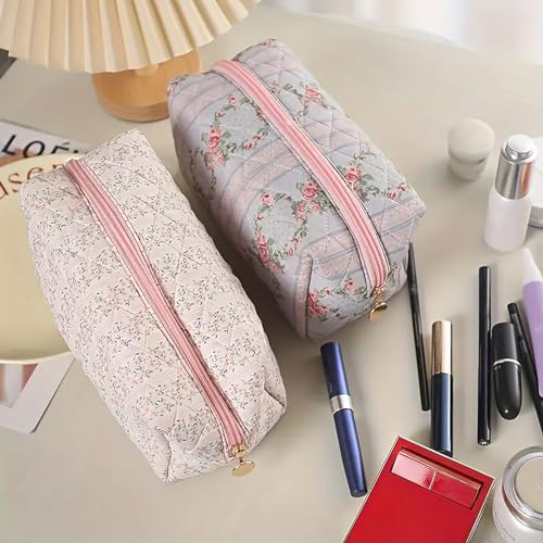 Floral Quilted Makeup Bag - Blossom Blush Pink Travel Cosmetic Pouch