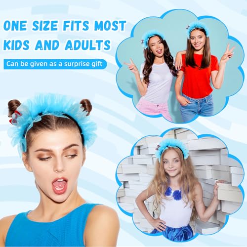 3 Pieces Blue Fuzzy Tulle Headband for Women, Soft Bow Costume Hair Accessory