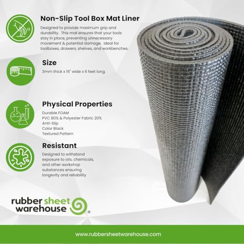Rubber Tool Box Mat - Industrial Grade PVC, 16" x 6' Non-Slip