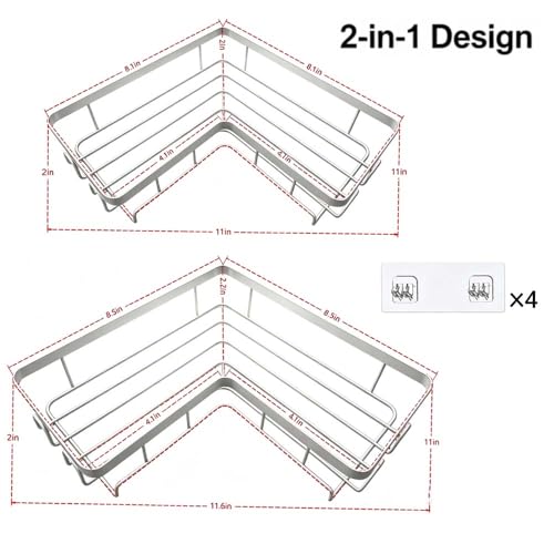 2-Pack Corner Shower Caddy - No Drilling, Rustproof Bathroom Organizer with Hooks