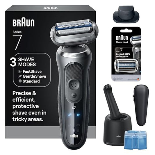 Braun Series 7 Electric Shaver for Men, Wet & Dry Foil Razor, 4-in-1 SmartCare Clean & Charge Center, Precision Trimmer Attachment, Replacement Shaver Head, Travel Case, Grey 7187ps