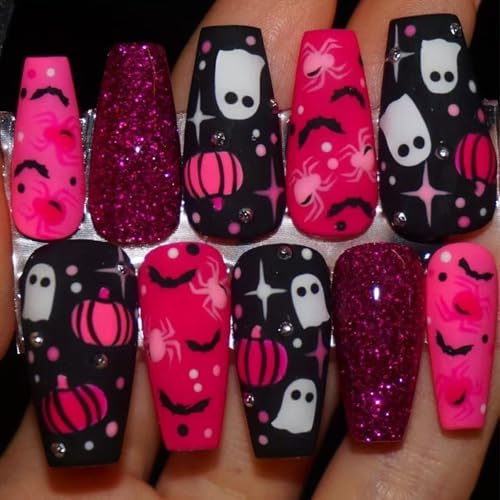 Halloween Press On Nails Medium Coffin Fake Nail Set with 3D Rhinestones & Spiders - Halloween Nails-5