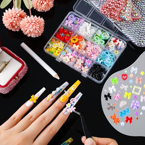 LERBOU Set 2 5-Box 3D Nail Art Accessories Kit with 24-Color Resin Rhinestones