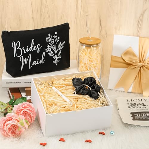 Umigy Bridesmaid Gift Box Set Black/White with Glass Cup Makeup Bag & Accessories