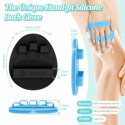 GEENOA Silicone Bath Gloves with Straps 2PCS - Deep Cleansing Exfoliating Body Scrubber, Enlarged & Anti-Slip for All Skin Types (Black+Blue)