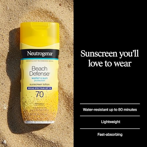 Neutrogena Beach Defense Sunscreen Lotion SPF 70 Broad Spectrum UVA UVB Protection Lightweight Water Resistant up to 80 Minutes Oil-Free Beach-Strength Sun Protection for Whole Family, 6.7 fl oz