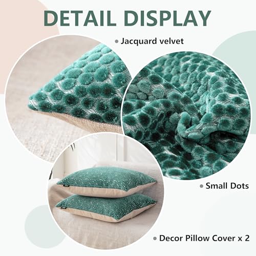 FIFU 18x18 Inch Teal Green Jacquard Velvet Throw Pillow Covers - Set of 2