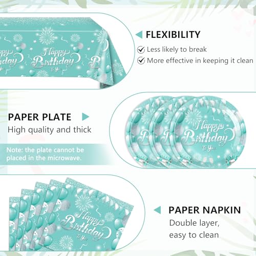 Teal Birthday Decorations Set for 20 - Plates, Napkins & Tablecloth
