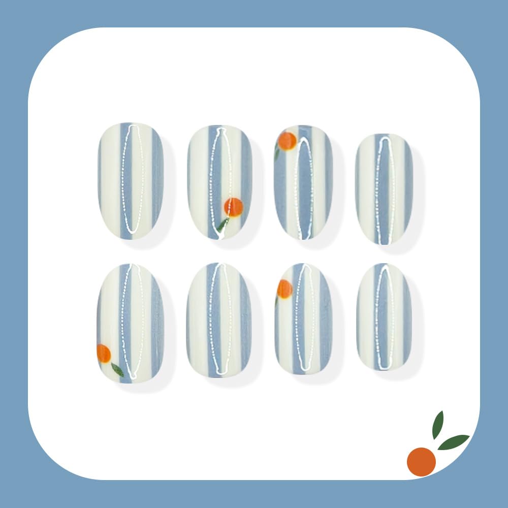Medium Oval Press-On Nails - Glossy Summer Designs | Cute Orange, Reusable Full Cover Nails, 24 Pcs