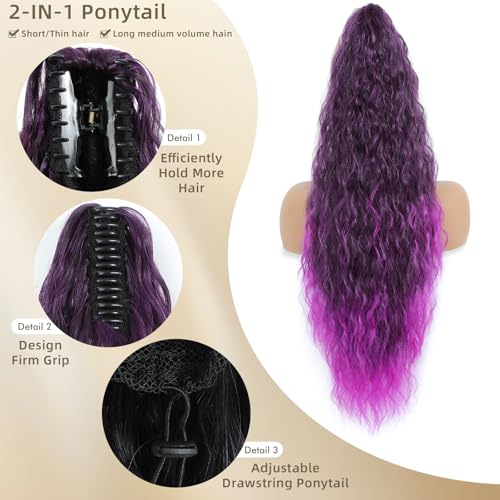 30 Inch Ombre Purple Wavy Curly Claw Clip Ponytail Extension