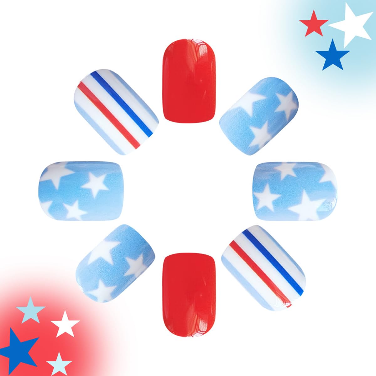 24Pcs 4th of July Press on Nails Short Square Fake Nails with Star Designs Patriotic False Nail for Women Stripe Acrylic Stick on Nails Blue Red Glue on Nail for Independence Day